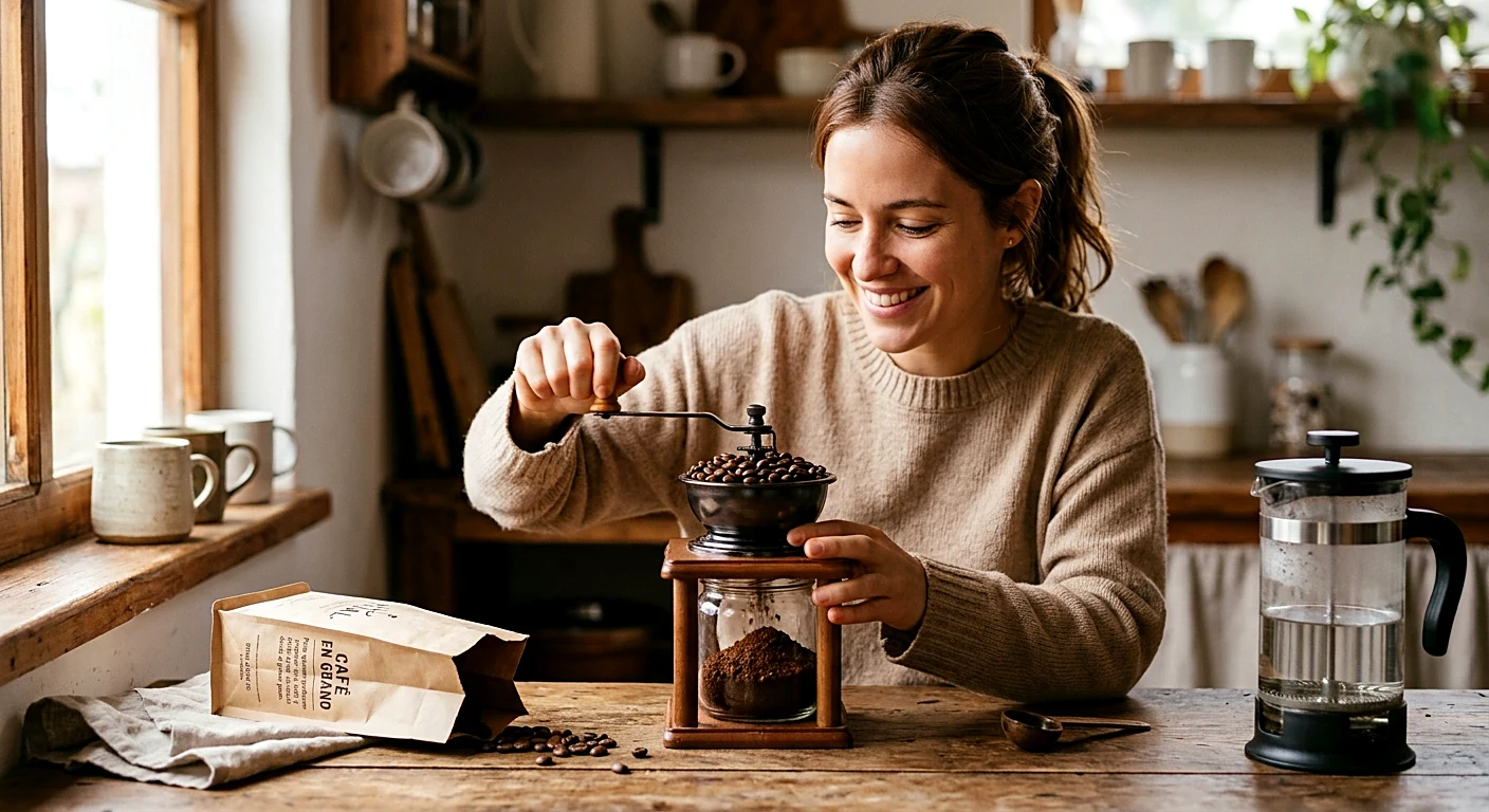 Mujer moliendo granos de café en un molino manual sobre una mesa de madera